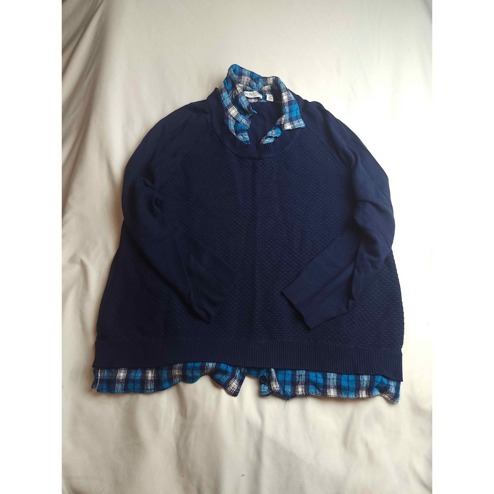Kim Rogers Curvy Womens 2X Navy Blue Layered Plaid Hem Knit Sweater Top